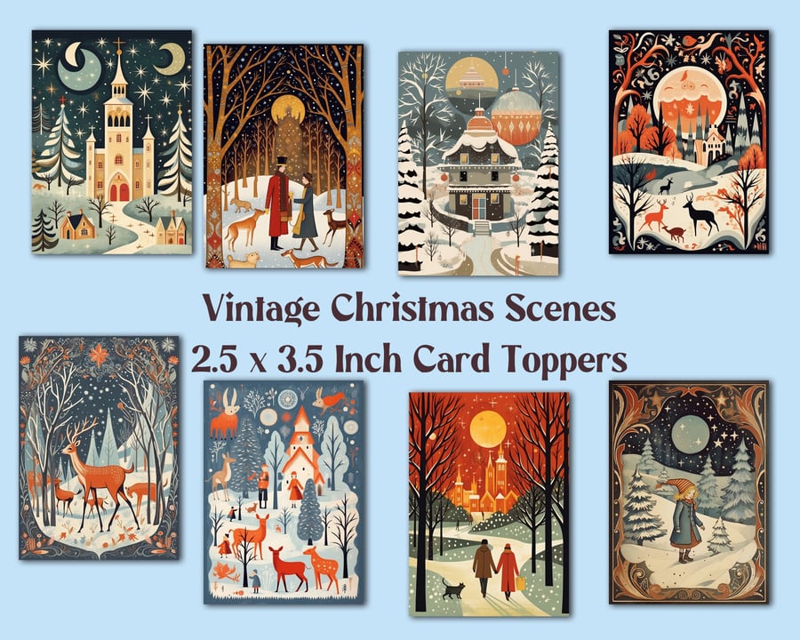 Vintage Christmas Scenes Set of 8 Aceo Size Card Toppers for Card Making