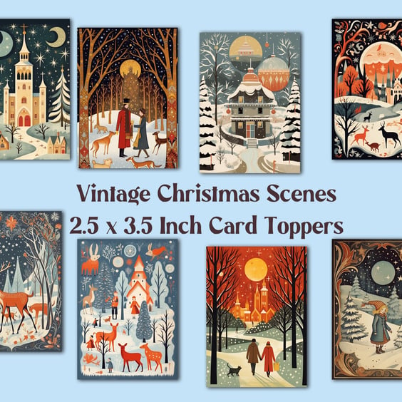 Vintage Christmas Scenes Set of 8 Aceo Size Card Toppers for Card Making