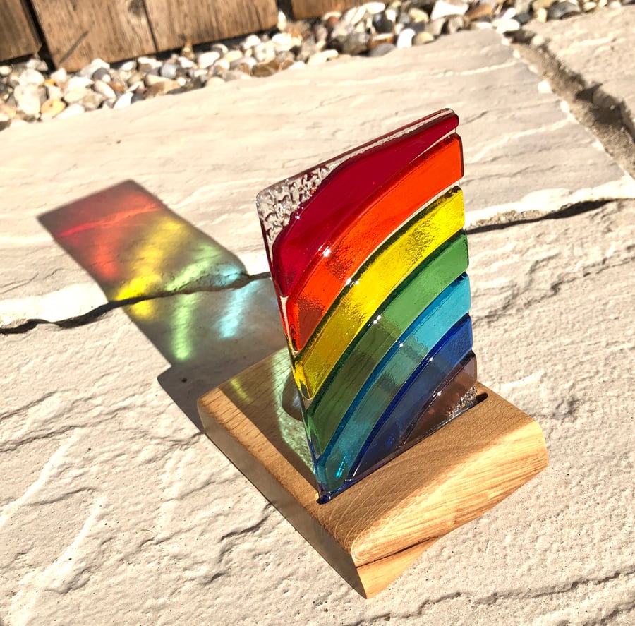 Fused Glass Rainbow Panel in a Handcrafted Oak Tea Light Holder