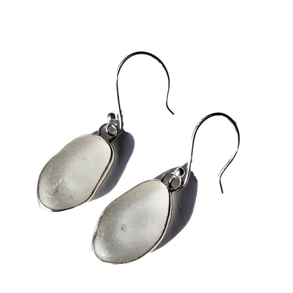 White Seaglass Dangly Earrings in Fine Silver & Recycled Sterling Silver