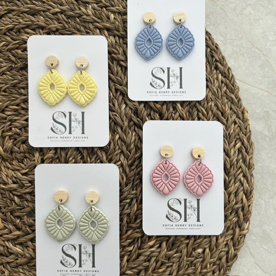Pastel Boho Polymer Clay Earrings with Ash Wood Studs
