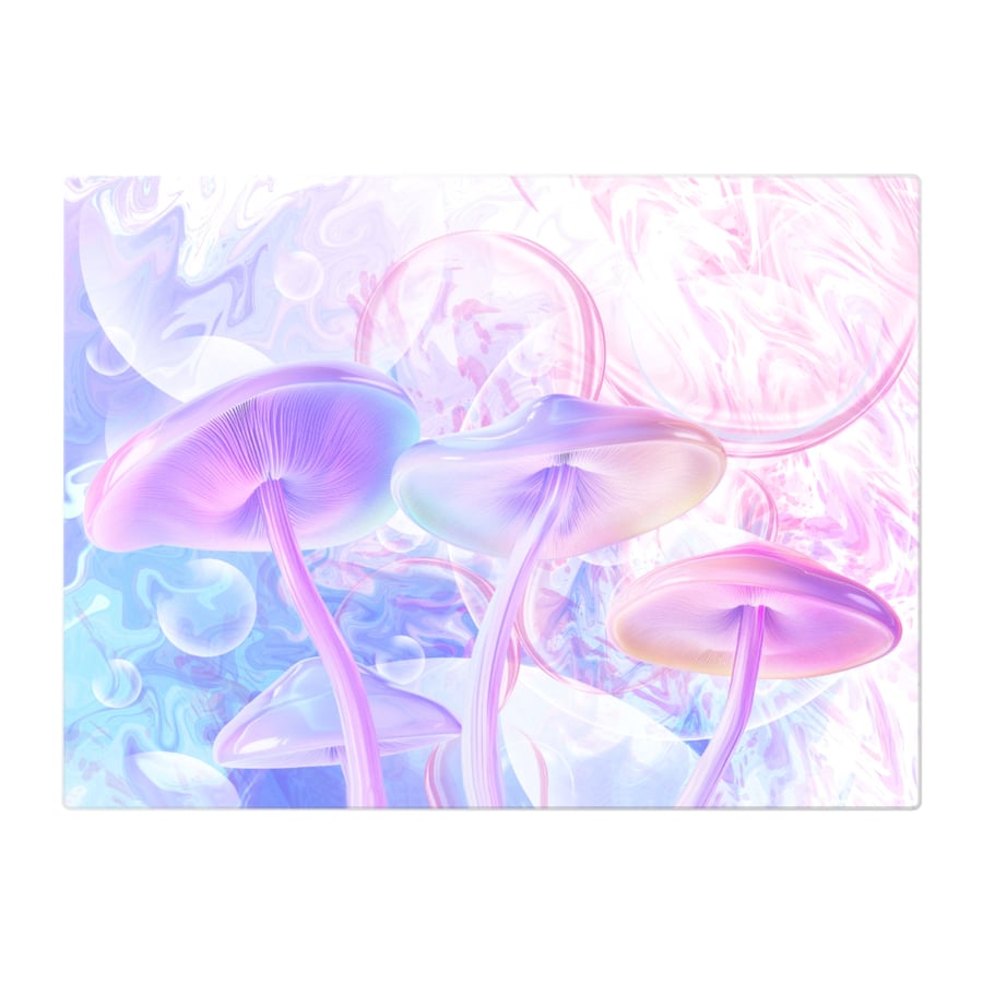 Pink Iridescent Mushrooms on Dreamy Pink & Blue Swirls Glass Chopping Board