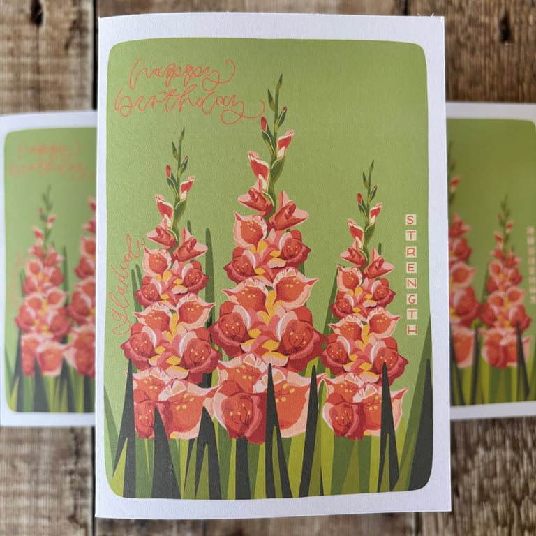 August Birth Flower Card, Gladioli, Birthday Card, Floral Greeting Cards, Botani
