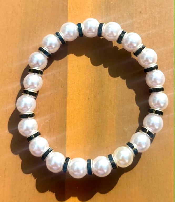 Handmade Pearl-Look Beaded Bracelet with Black and Silver-Tone Accents