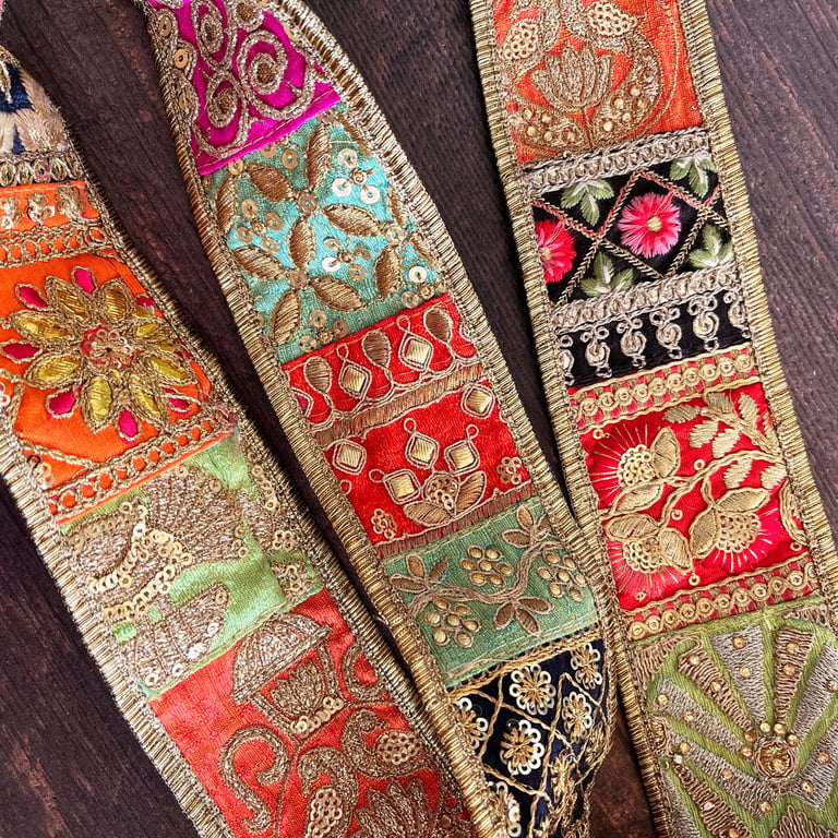 Indian embroidered patchwork trim, gift for crafter, pretty trimming, sequins