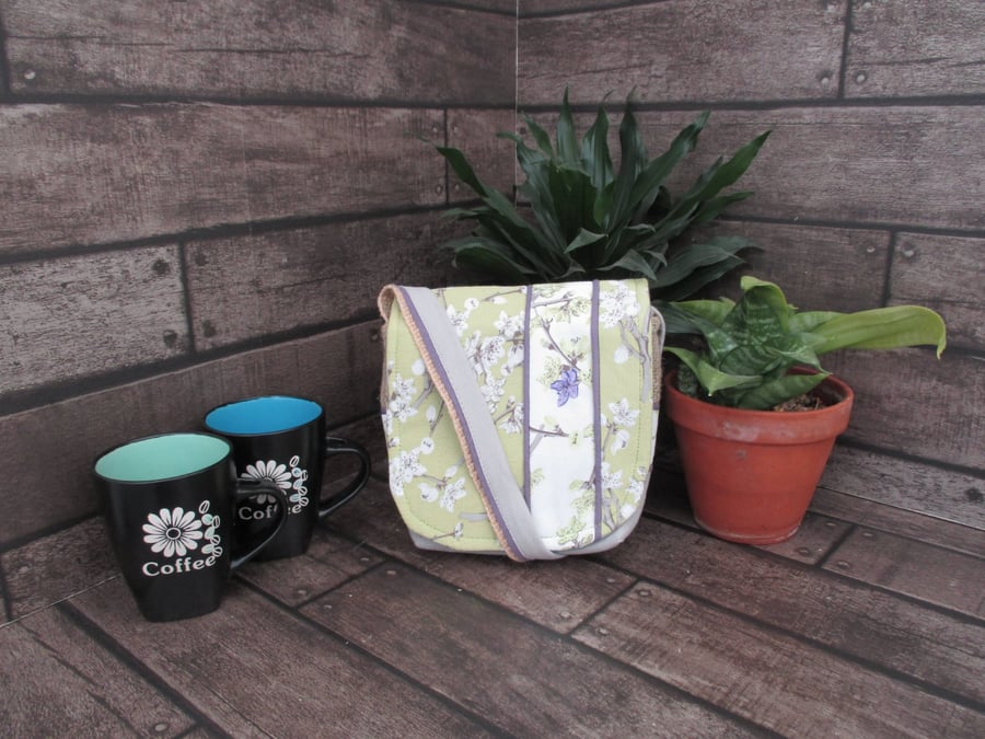 Upcycled Coffee Sack - Mini Shoulder Bag - Green and white pattern