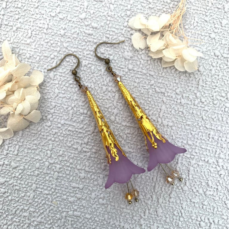 Vintage Style Purple and Gold and Lucite Flower Earrings