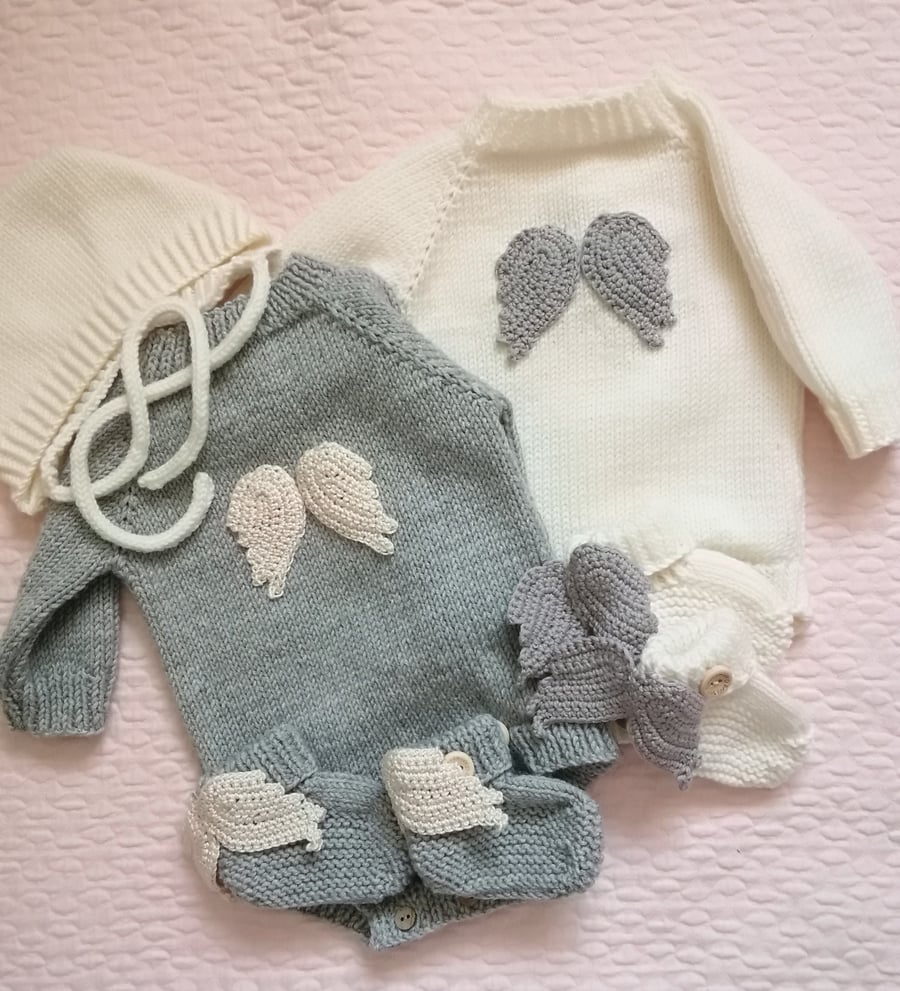 Hand knitted 2 piece set , romper, and booties
