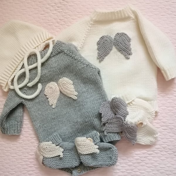 Hand knitted 2 piece set , romper, and booties