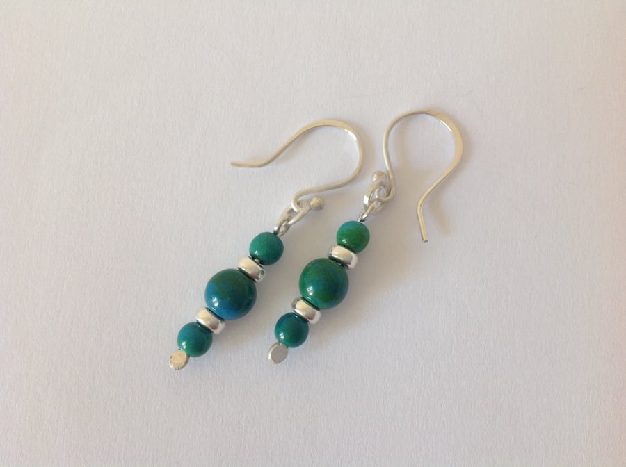 Sterling silver hand crafted green chrysocolla earrings