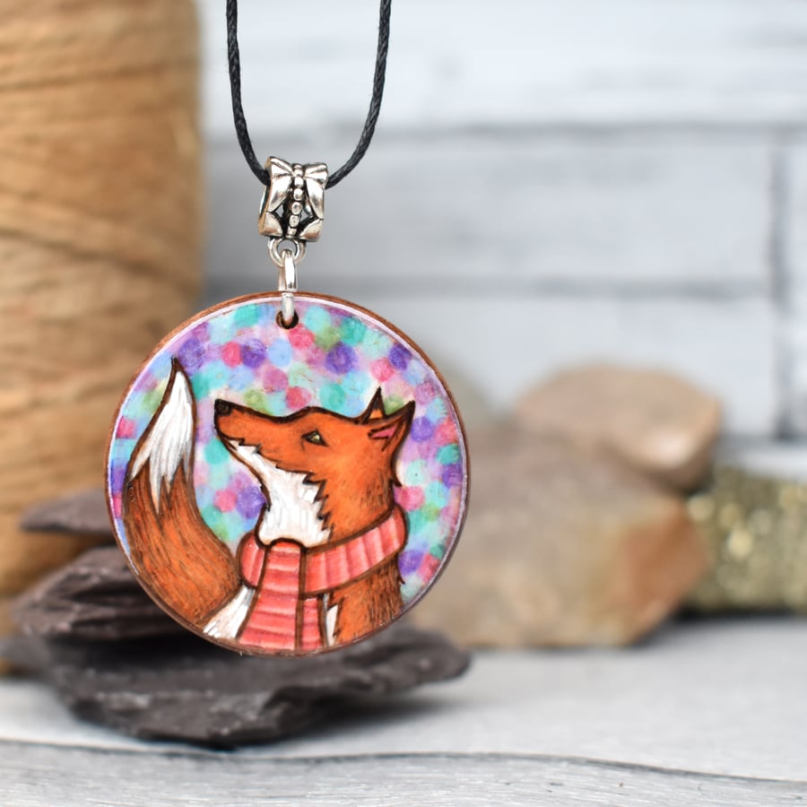 Festive Fox. Pyrography fox with scarf, round wood pendant.