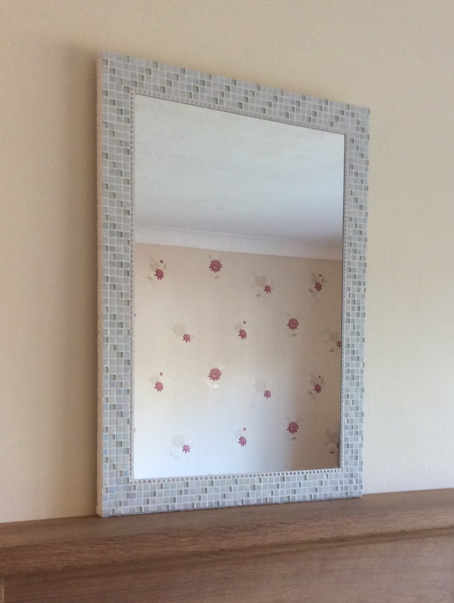 Large Mosaic Wall Mirror in White & Silver 50 x 70cm Rectangular Bathroom 