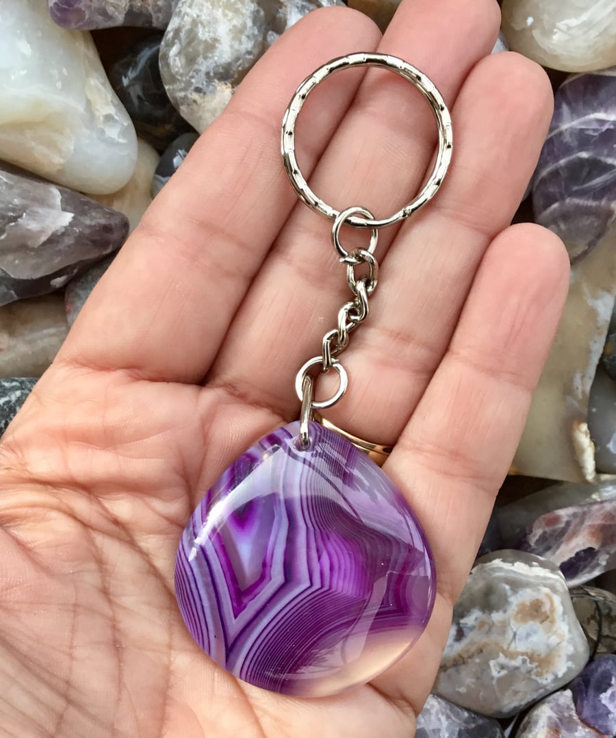Pretty Purple Banded Agate Gemstone Keyring or Handbag Charm.
