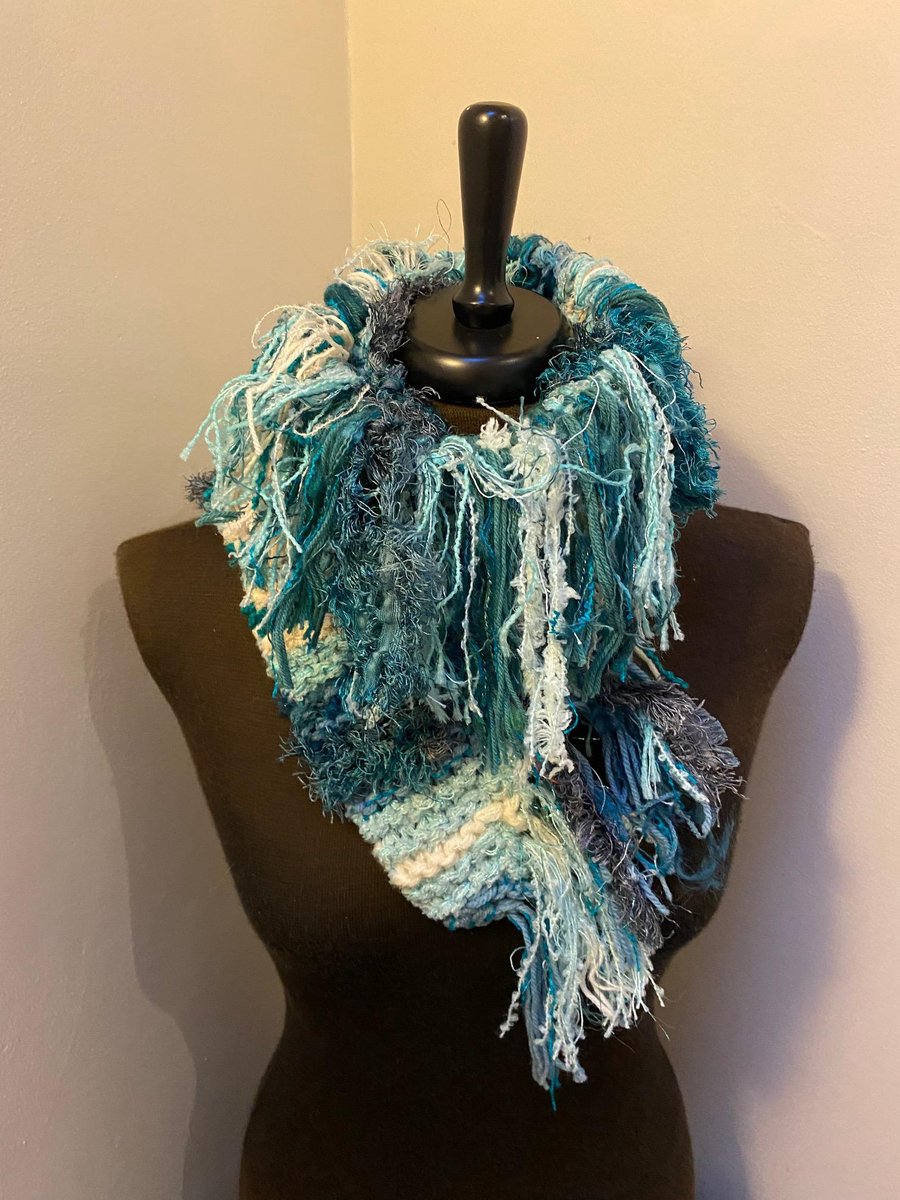 Hand Knitted Scarf with Fringe Textured soft scarf for women blue and white