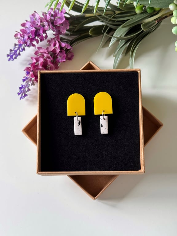 Geometric Yellow and Splatter Drop Earrings