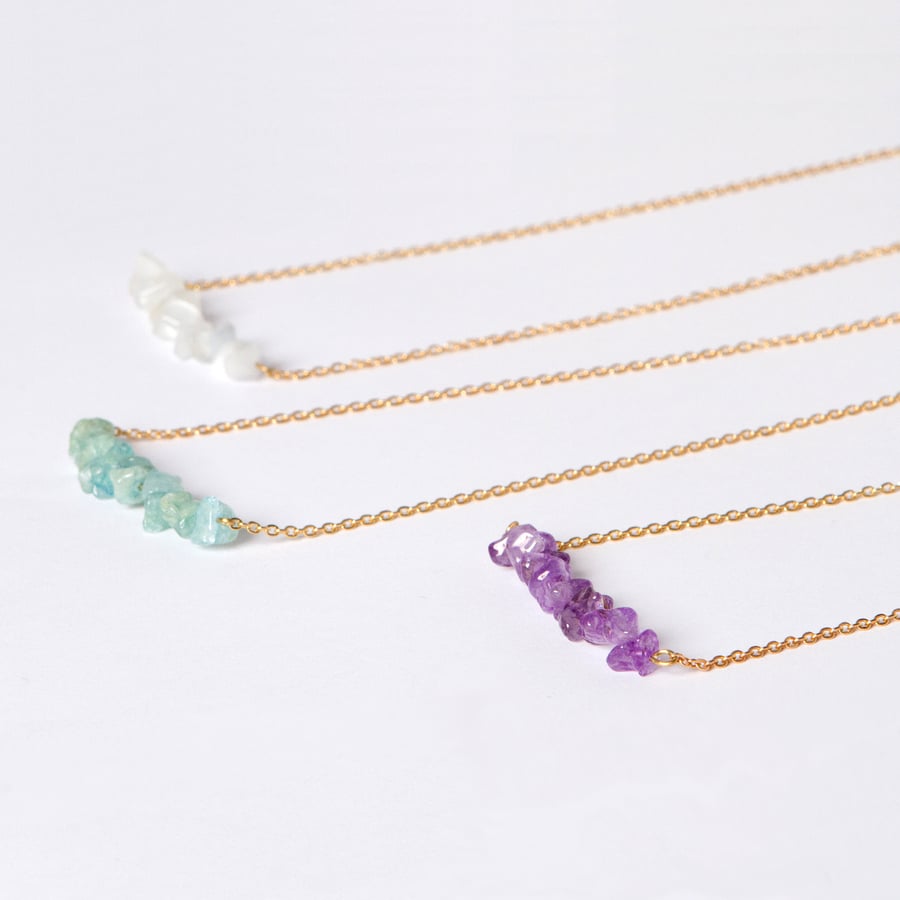 Extra Long Gold Chain Necklace - Gemstone pendant - Amethyst, Jade Green, White