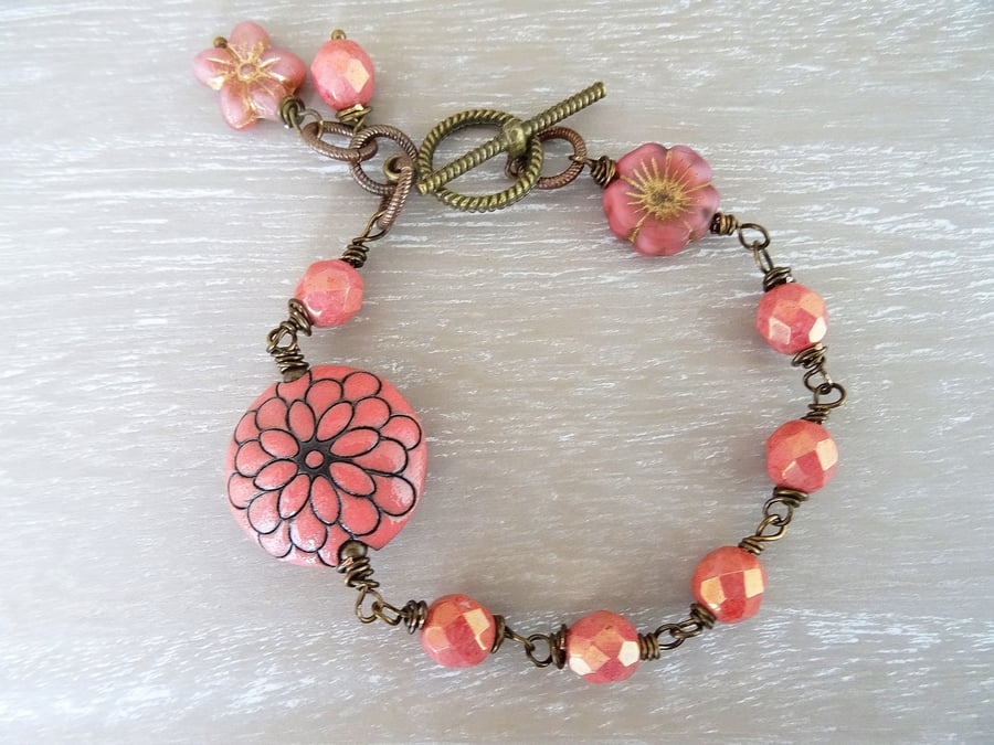 Ceramic Bracelet, Salmon Pink Bracelet, Czech Glass Bracelet, Beaded Bracelet.