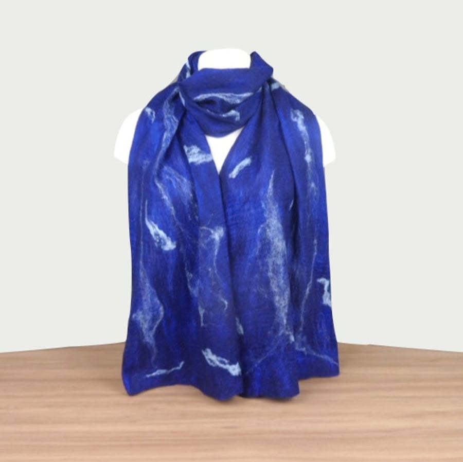 Long deep blue nuno felted scarf with silk fibre decoration, with gift box