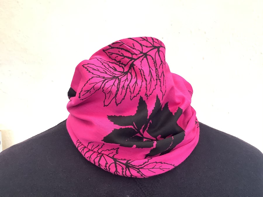 Handmade lined pink and black leaf hand print, neck warmer, snood scarf