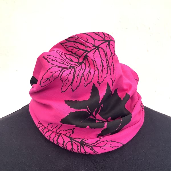 Handmade lined pink and black leaf hand print, neck warmer, snood scarf