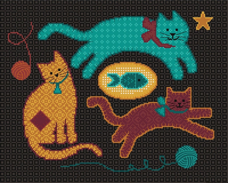 081B - Rustic Version - Playful Kittens Chasing Wool - Cross Stitch Pattern