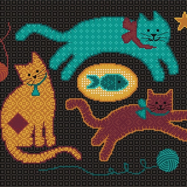 081B - Rustic Version - Playful Kittens Chasing Wool - Cross Stitch Pattern