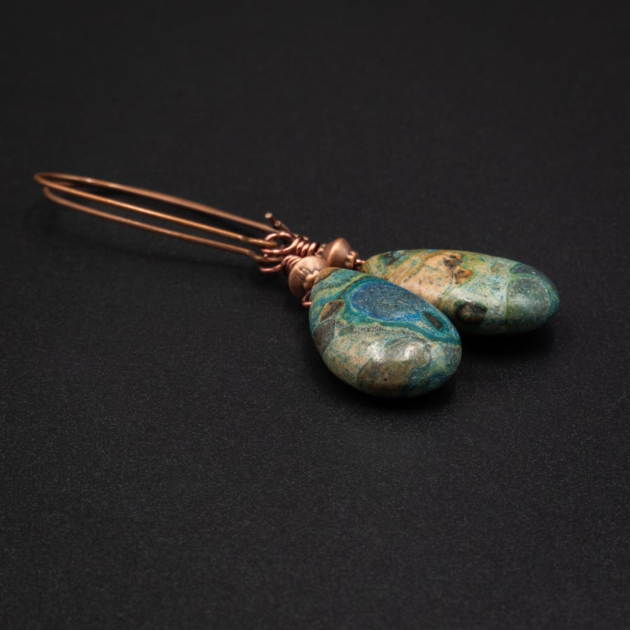 Turquoise jasper and copper gemstone handmade teardrop earrings , Pisces jewelry