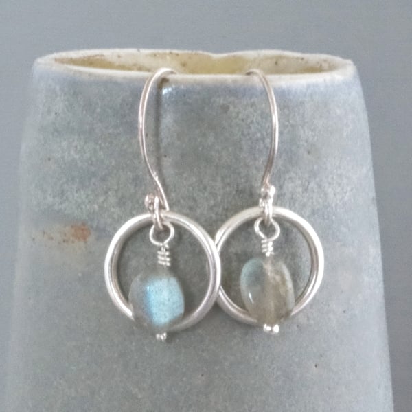 Blue Green Labradorite 925 Sterling Silver Moon Earrings  