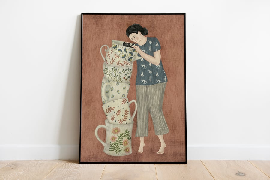 Giclee Print Woman Playing with a Cat, Sizes A5 to A3, Unframed