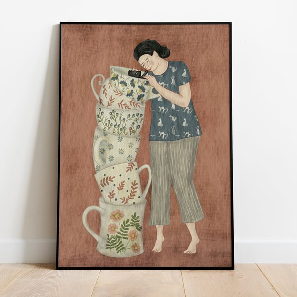 Giclee Print Woman Playing with a Cat, Sizes A5 to A3, Unframed