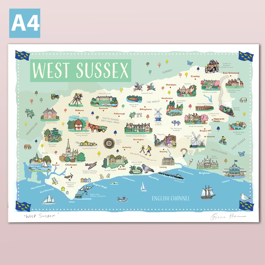 West Sussex map poster A4, illustrated by Fiona Horan