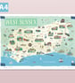 West Sussex map poster A4, illustrated by Fiona Horan