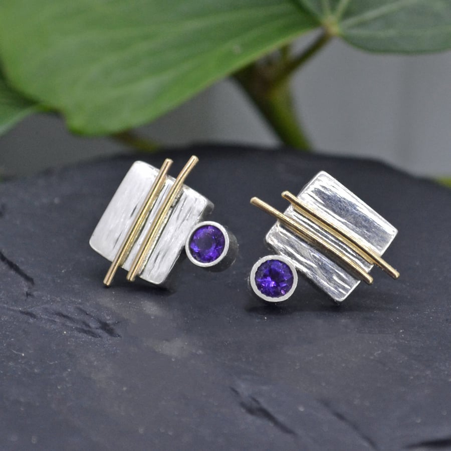 Argentium Silver & 9ct Gold Earrings with Amethyst