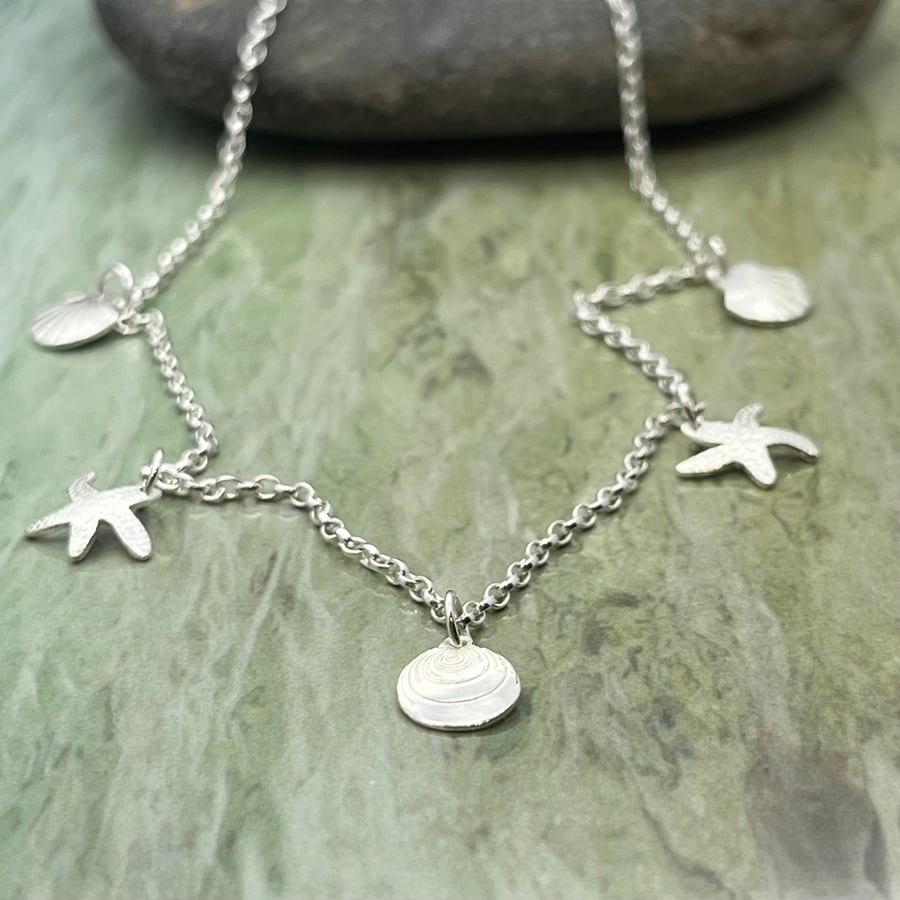 Handmade Sterling Silver Seaside Charm Necklace Shells