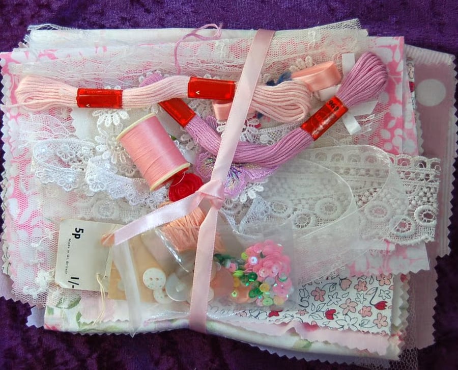 Upcycled slow stitching kit includes fabric, buttons, threads,  lace, ribbon