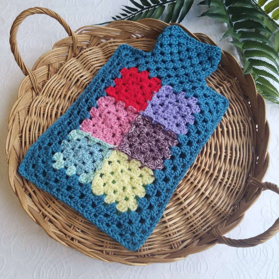  Crochet Hot Water Bottle Cover Patchwork Cornish Blue 