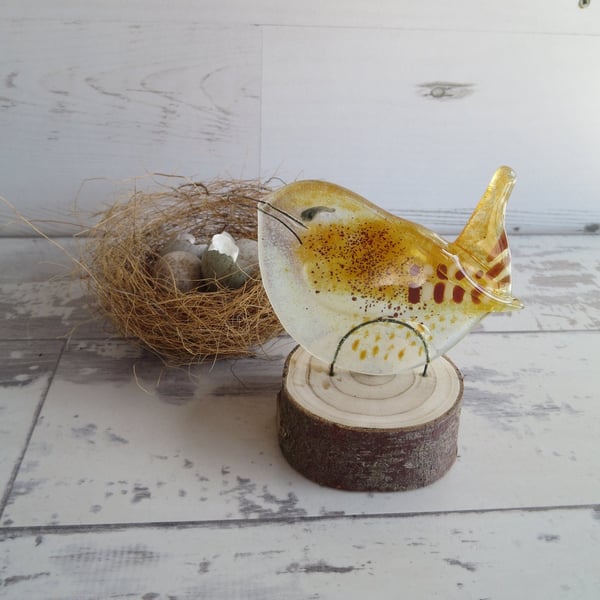 Jenny Wren on a Log - Windowsill Decoration - Fused Glass Ornament - Wild Bird