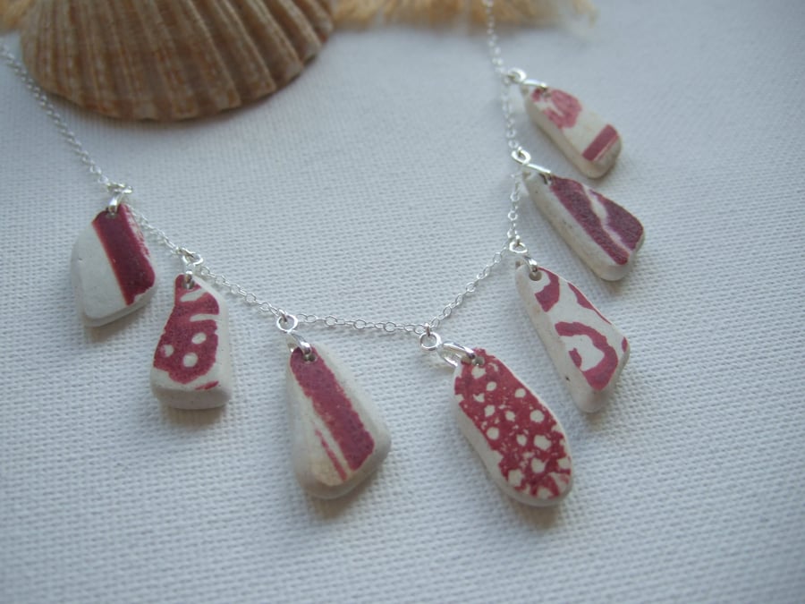 Scottish sea pottery necklace, beach china red patterns necklace, unique