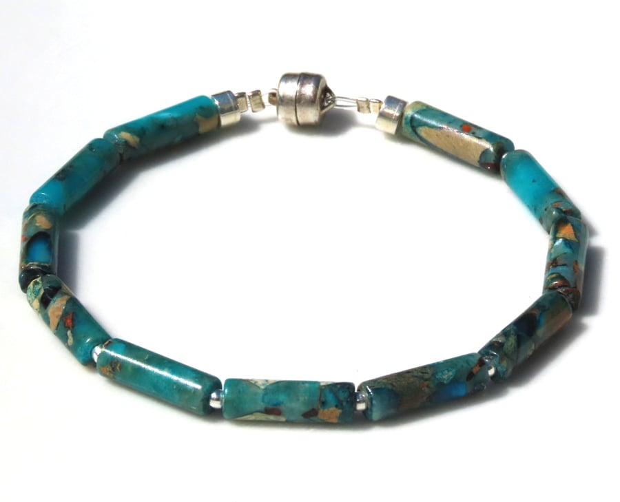 Bracelet Imperial Jasper Semi precious stone Deep Teal Blues Silver magnet