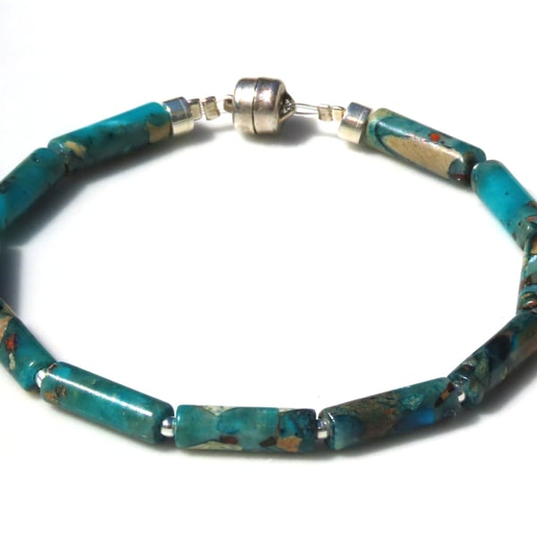 Bracelet Imperial Jasper Semi precious stone Deep Teal Blues Silver magnet