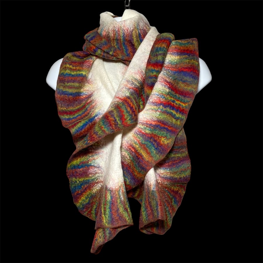 Merino wool Nuno felted scarf, white with rainbow ruffle
