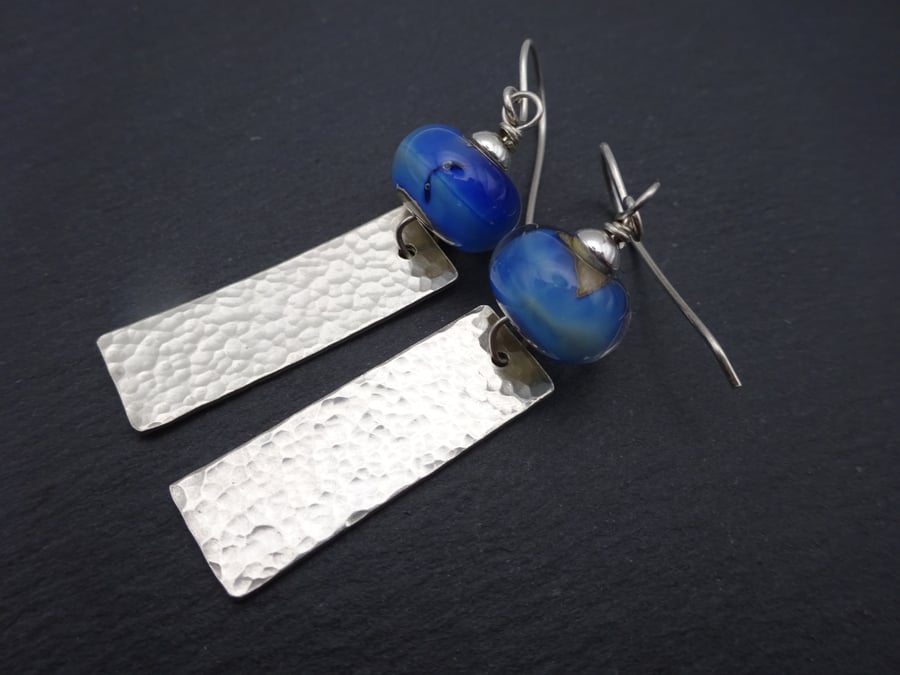 blue lampwork glass earrings, sterling silver jewellery