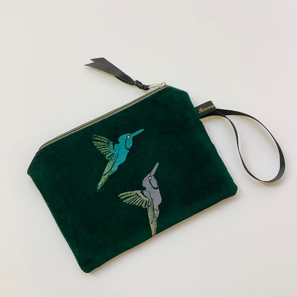 Green Hummingbirds velvet zip-up pouch