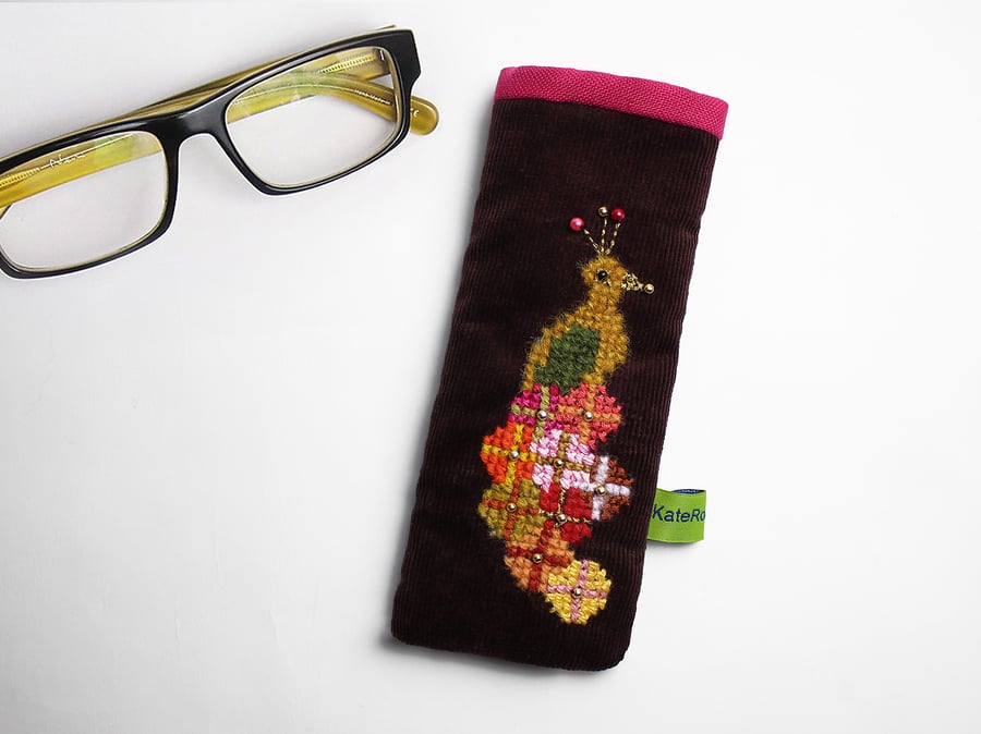 Chestnut needlecord glasses case with hand cross stitched peacock