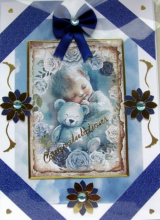 New Baby Boy - Hand Crafted 3D Decoupage Card - Congratulations (30340