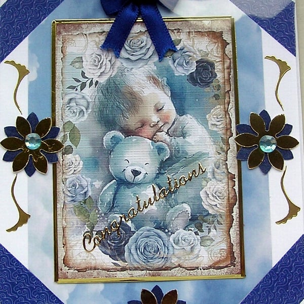 New Baby Boy - Hand Crafted 3D Decoupage Card - Congratulations (30340