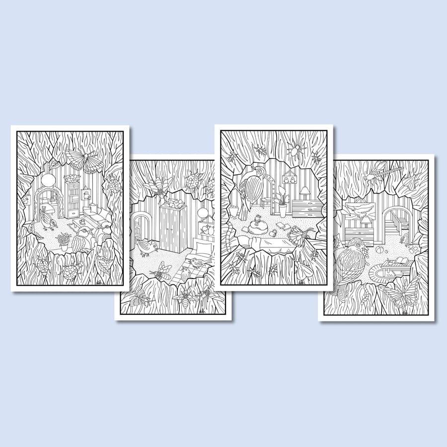 (Printable Art) Bird Tree House On Four Colouring Pages