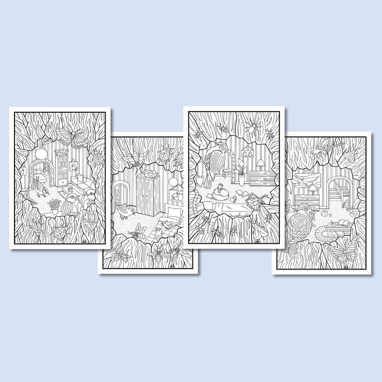 (Printable Art) Bird Tree House On Four Colouring Pages