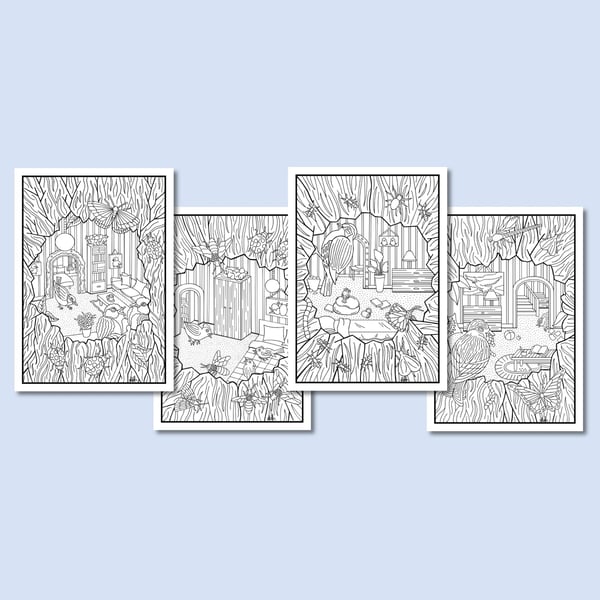 (Printable Art) Bird Tree House On Four Colouring Pages
