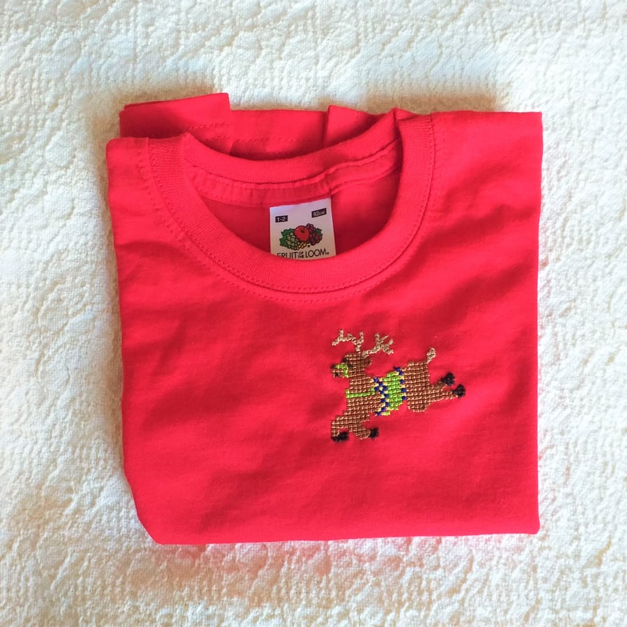 Reindeer T-shirt Age 1-2 years, hand embroidered